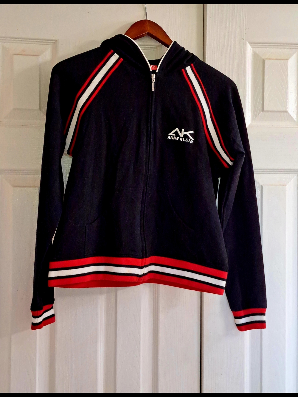 Anne Klein Black Hooded Cotton Zip Jacket with Red & White Stripe Trim